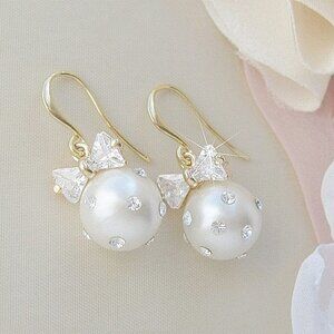 Gold And CZ Studded White Pearl Earrings, CZ Bow Accents